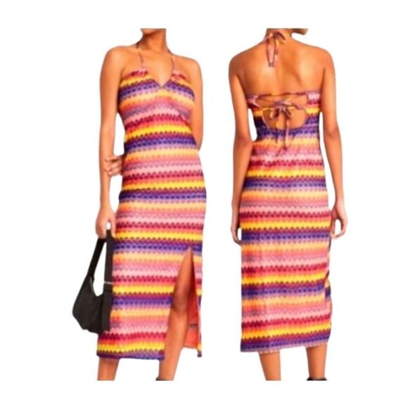 Wild Fable Womens‎  Crochet Lace Halter Dress Lined Slit Midi Multicolor Small - Picture 1 of 10